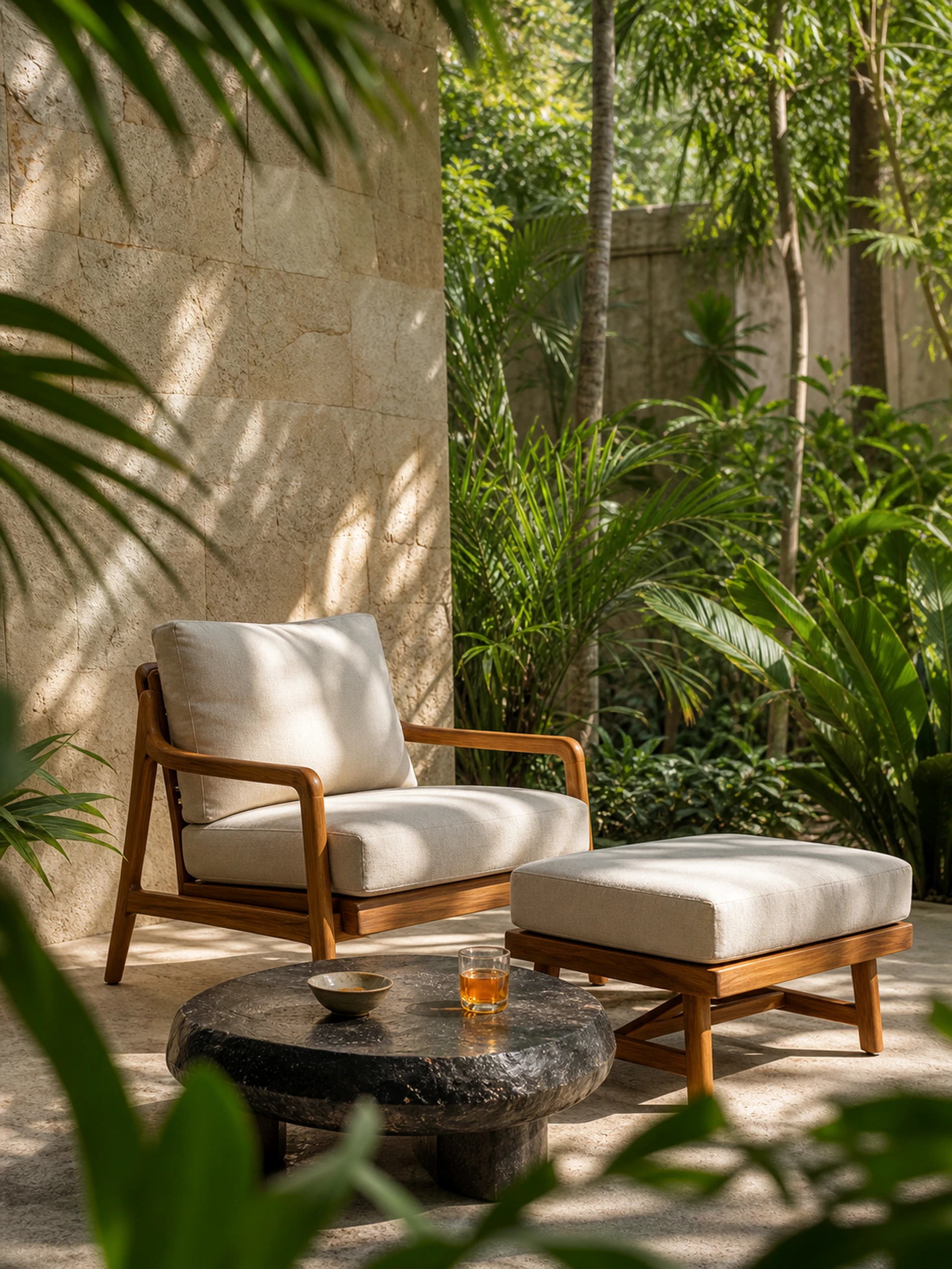 Outdoor seating with modern chair, ottoman, table, and orange drink in a garden with pink flowers.